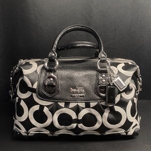 EUC | Coach Madison Sabrina Handbag, Signature Logo Jacquard | White on Black